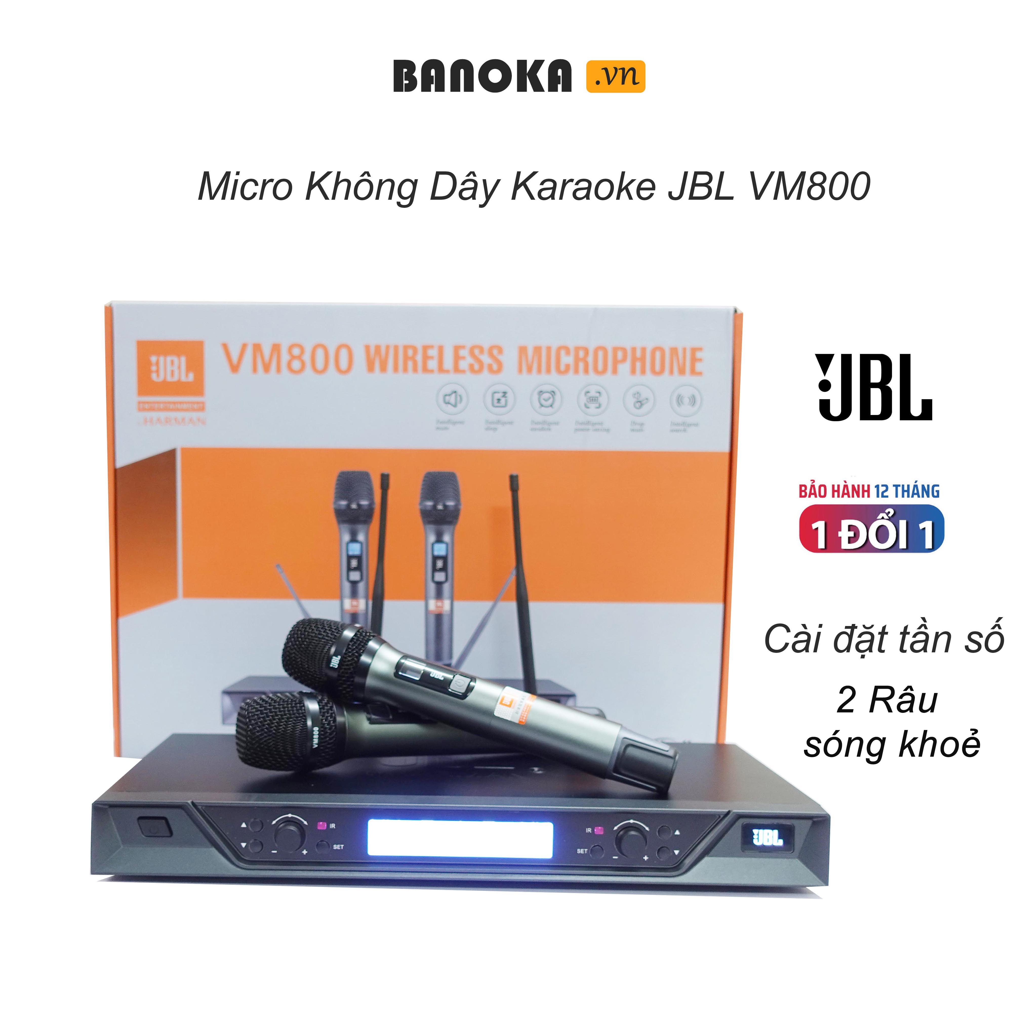 Bộ Micro Không Dây JBL VM800 Cao cấp, Cặp mic kim loại UHF Thu Tiếng Hay, 2 râu thu xa trên 30m, cài tần số